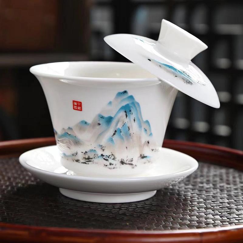 New Ice-White Filament Silver Dragon Hovering Sancai Cover Bowl Kung Fu Tea Set Home Office Light Luxury High-End Tea Cup