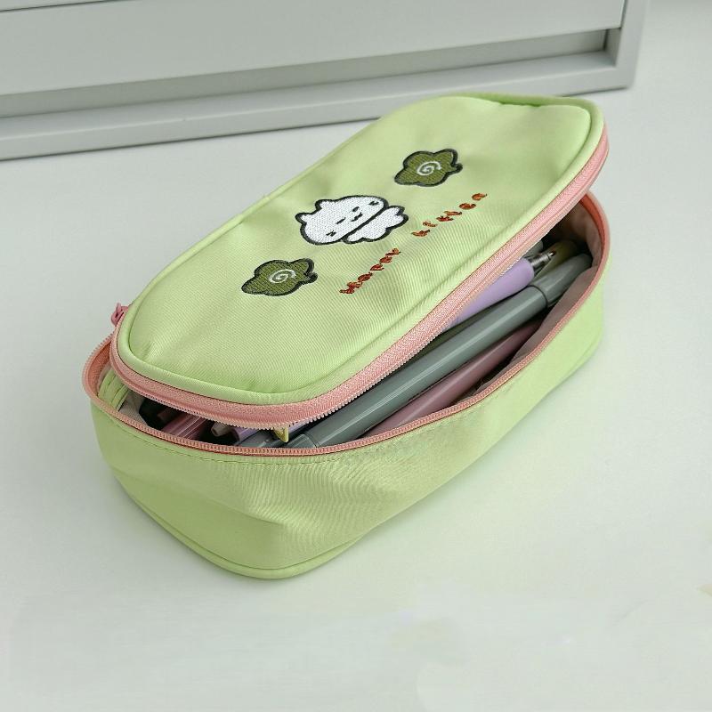 Cute Four Leaf Clover Kitten Pencil Case Cartoon Large Capacity Zipper Pencil Bag Student Stationery Storage Bag School Supplies