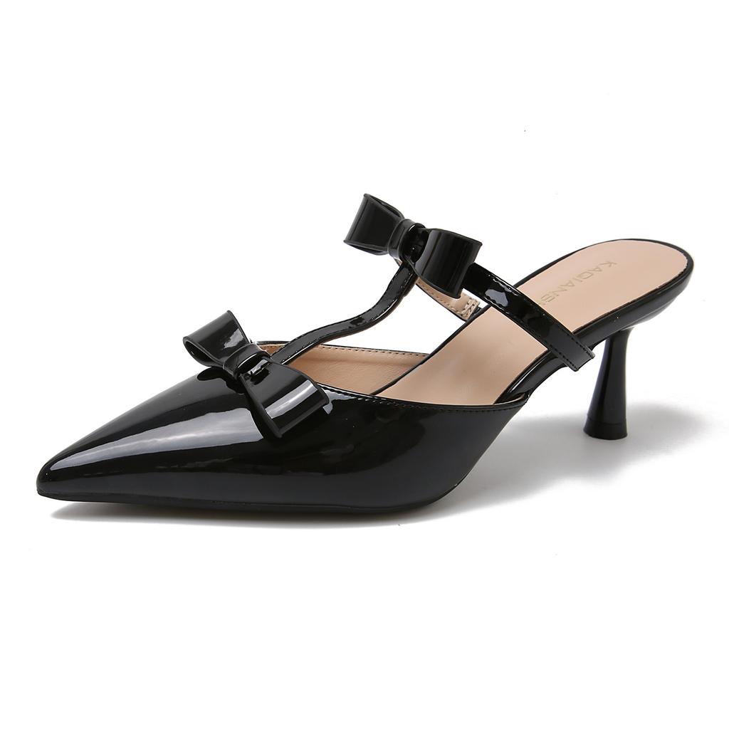 Fashion Elegant Black Pointed Toe Pumps Women Sweet Butterfly-knot T Strap Decoration Slide Sandals Fashion Comfort Brand Designer Shoes