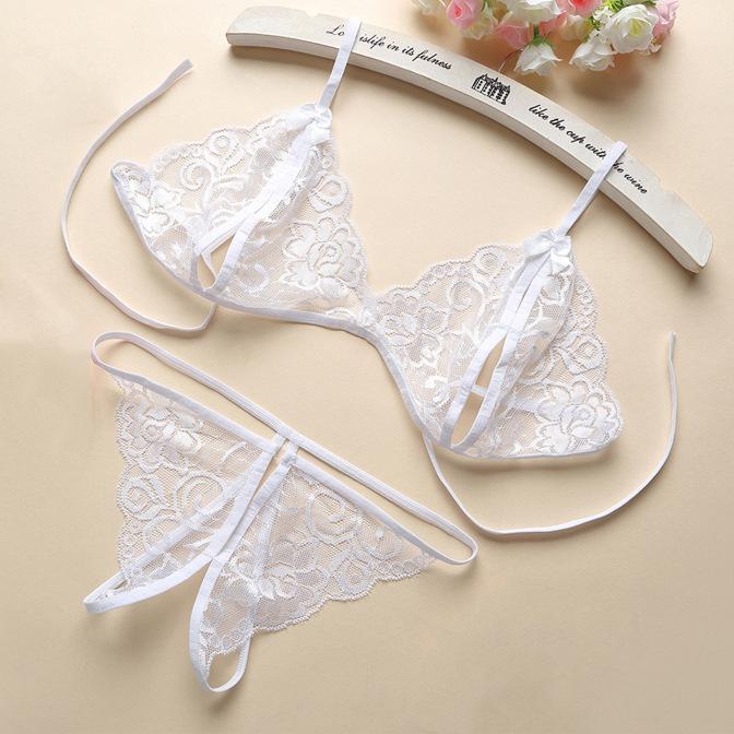 Open crotch free three-point two-piece set erotic lace underwear panties female sexy passion thong