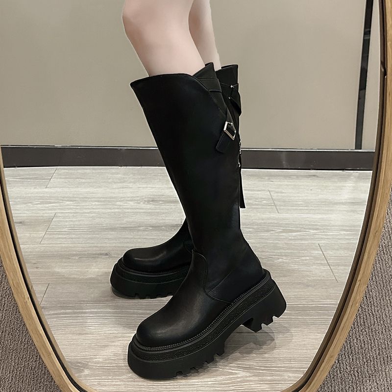 Women Platform Knee High Boots Female Thick Bottom Wedge Heels Punk Boots Ladies Autumn Winter PU Leather Motorcycle Botas Mujer