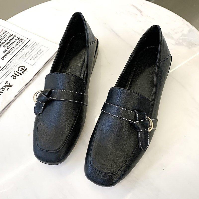 

мода Весна/Осень Новые Женские Туфли-Лодочки Квадратный Носок Обувь Слипоны для Женщин Уличная Обувь на Низком Каблуке Металлическая Отделка Офисные Лоферы 40 чёрный