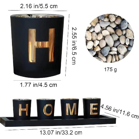 MrMrKura Home Decorative Candle Holder Set, 4 Glass Tea Light Candleholders with Wooden Candle Holders Tray, Natural Pebbles for Home Decor Table