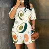 Women Plus Size Off Shoulder Short Sleeve Sunset Palm Wave Print Loose Romper With Pockets