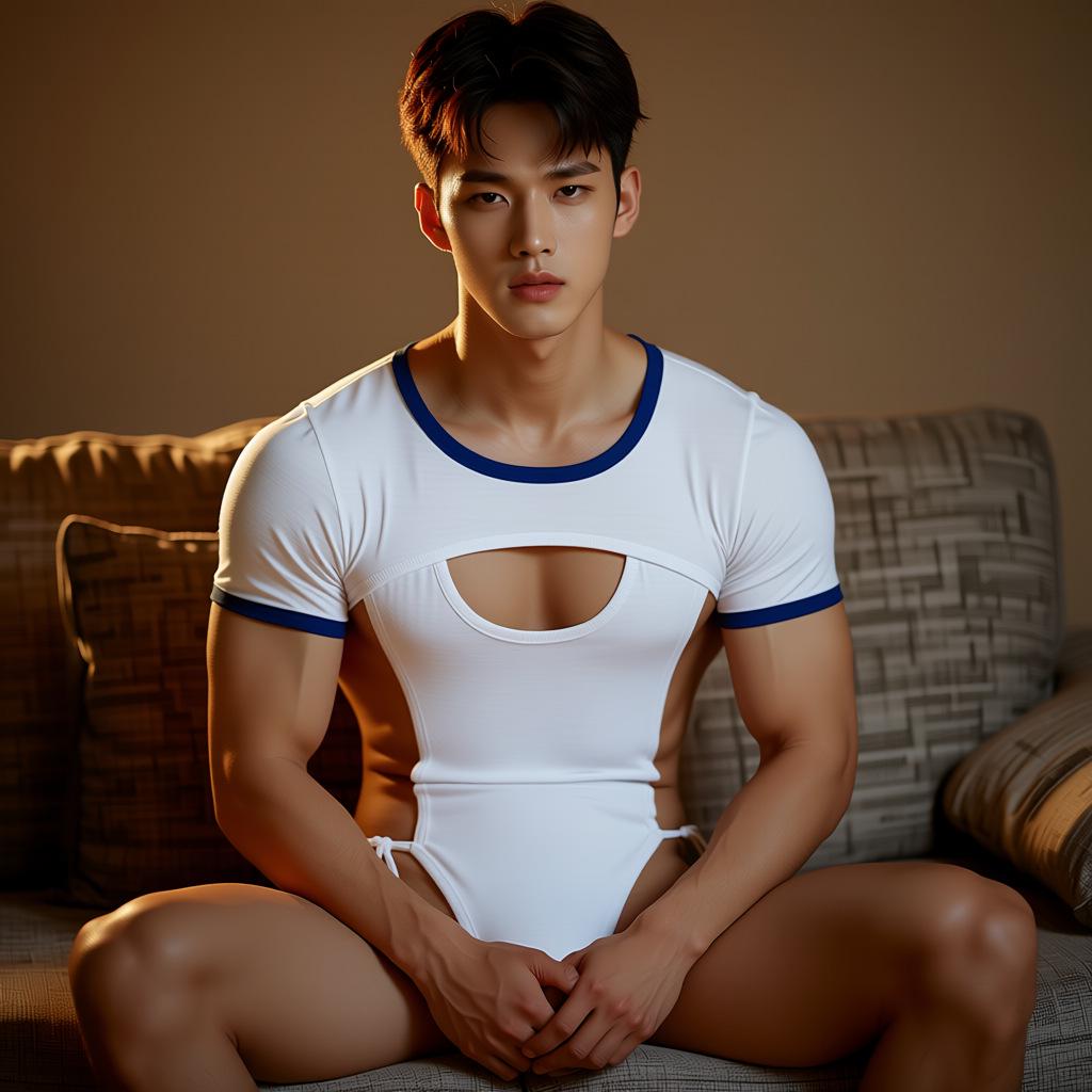 Plus Size Men's Cross-Dressing Erotic Lingerie: Open Crotch Student Outfit, Nipple-Revealing Bodysuit, Seductive Flirtation Uniform