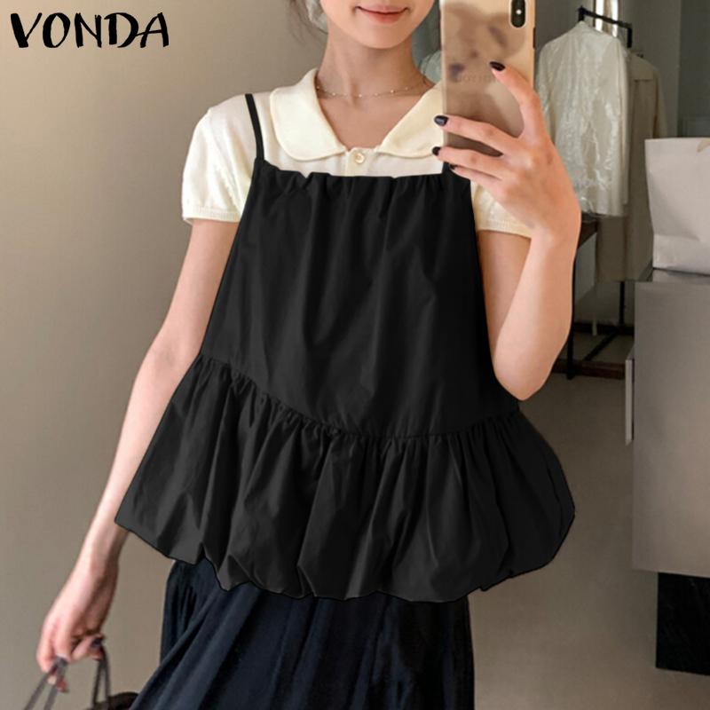 VONDA Women Strap Sleeveless Ruffled Casual Pleated Tank Tops