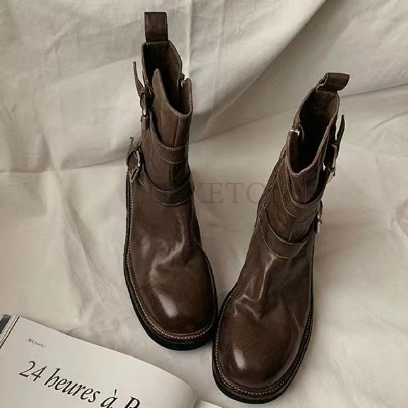 Bottes courtes en cuir véritable à talon plat et bout rond pour femmes, semelles épaisses, bottes de chevalier polyvalentes, décontractées et à la mode, antidérapantes