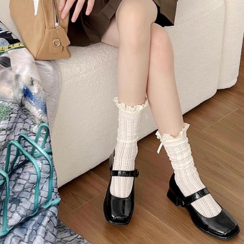 Słodkie i modne skarpetki w stylu baletowym z cienką kokardką i koronką, skarpetki warstwowe