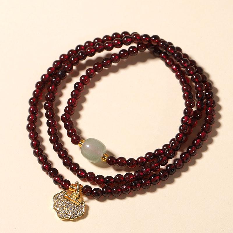 Exquisite Women's Garnet & Hetian Jade Three-Circle Lucky Bead Bracelet