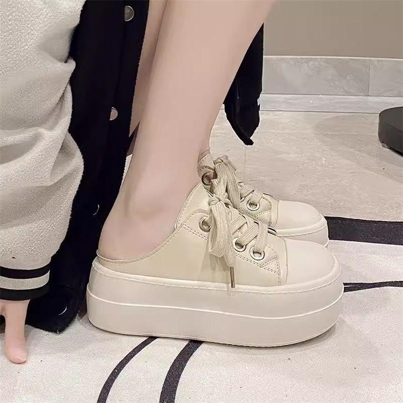 Muffin Thick-soled Heightening Little White Shoes Bag Head Half Slippers Women's 2025 New Spring and Autumn One-pedal Office Casual Board Shoes