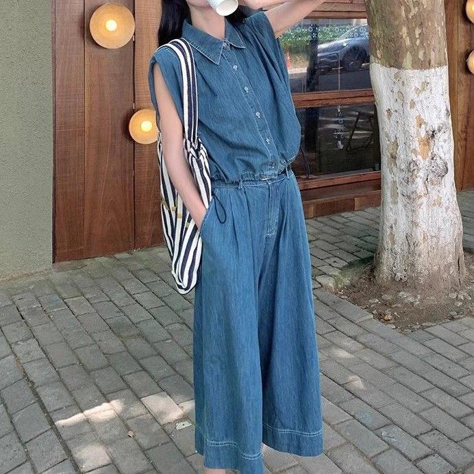 Women's French Design Denim Sleeveless Top & Wide-Leg Pants Summer Set