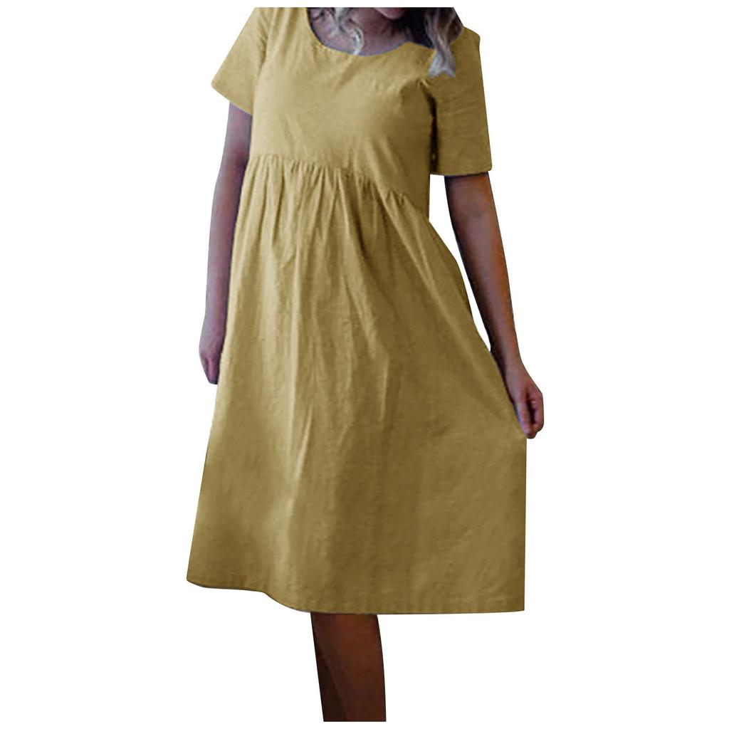 Women's Short Sleeve Cotton Linen Round Neck Pullover Oversized Dress
