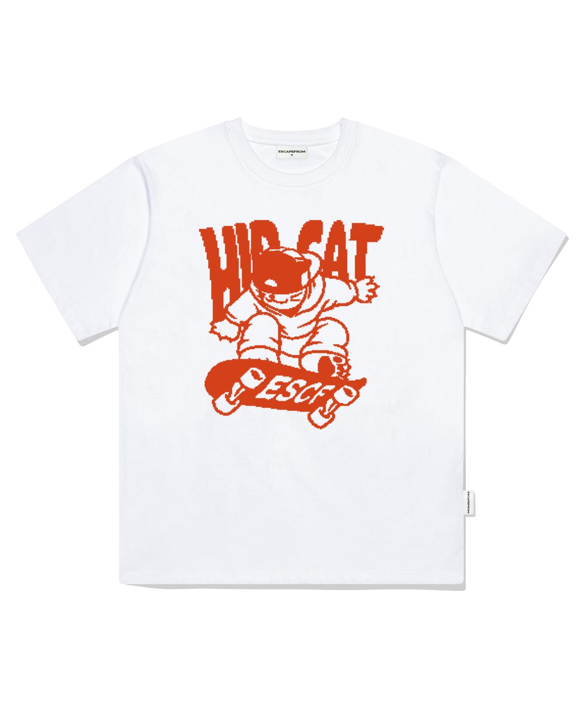 Escape From Orange Hip Cat Skateboard Print Oversized Short Sleeve T-Shirt White L