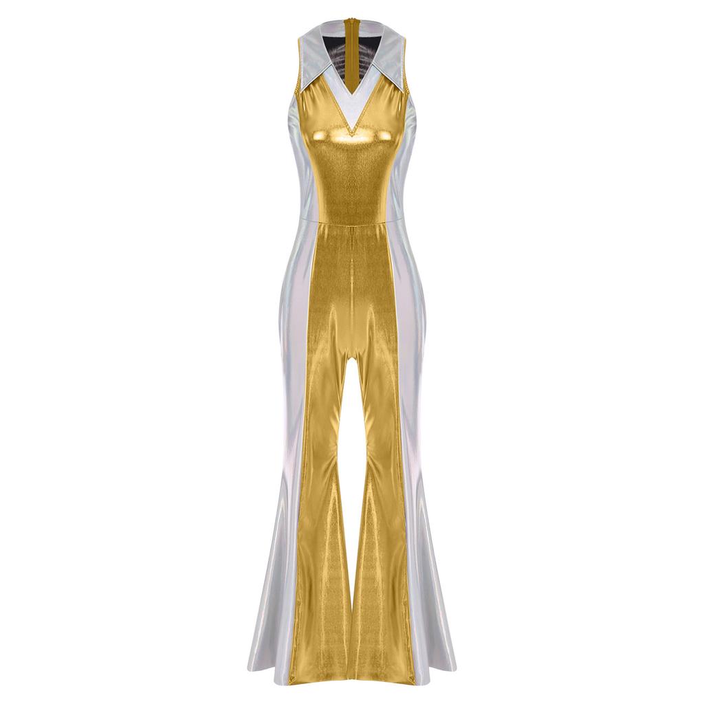 Womens Disco Jumpsuit 70s 80s Style Lapel V Neck Sleeveless Metallic Shiny Flared Pants Romper