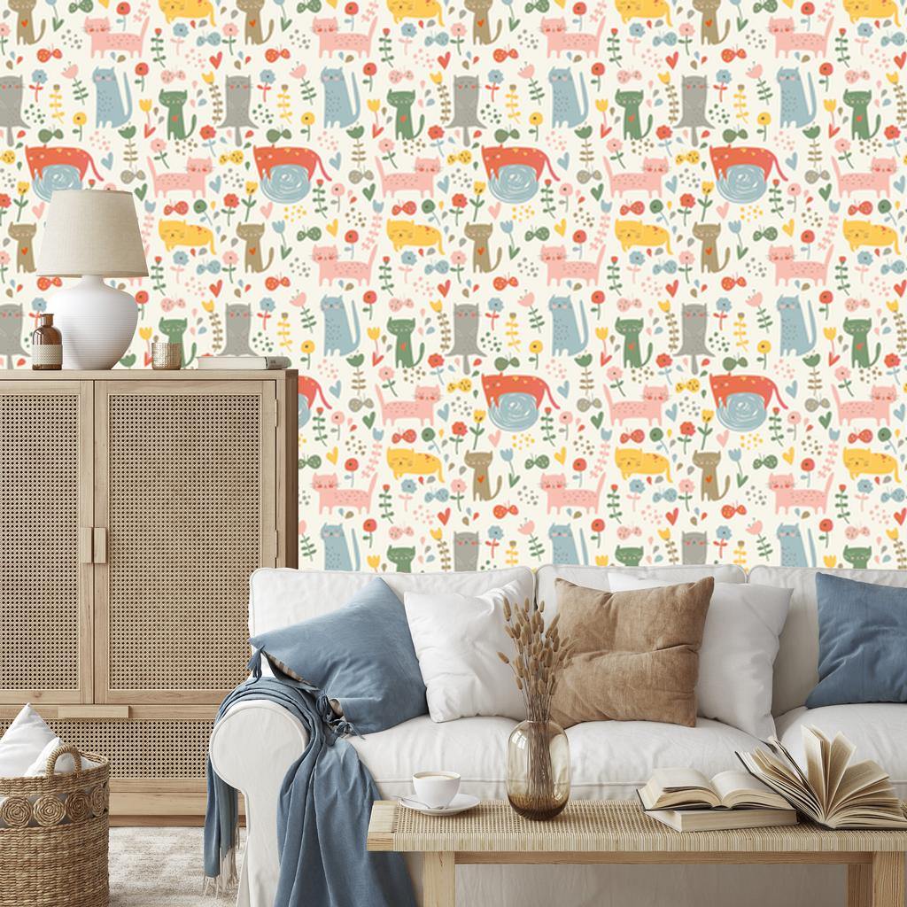 Wallpaper Colorful Kittens and Plants for Living Room and Bedroom 50x1000
