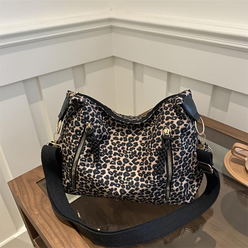 Fashion Leopard Print Large Capacity Tote Bag Casual Women's Shoulder Bag Simple Vintage Crossbody Bag Fashionable Leopard Pattern Zipper Shopping Bag