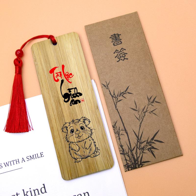 Bamboo Zodiac Bookmark with Blessing Words - Wooden Pendant Gift for Students & Friends