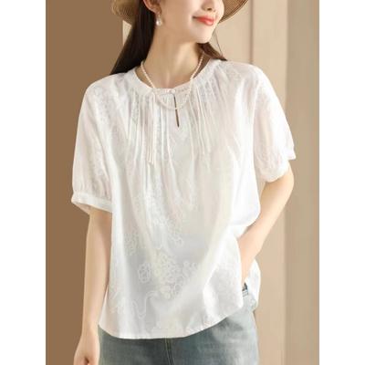 Women's Summer Cotton Linen Lace Embroidered Shirt Short-Sleeved Loose Retro Elegant Sweet Tops