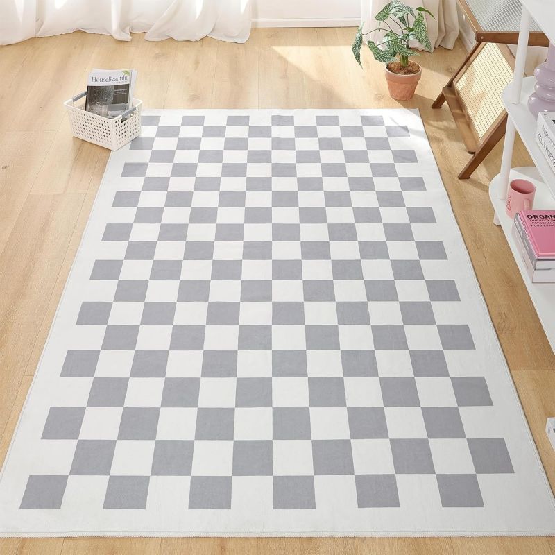 Karierter Teppich, quadratisch, waschbar, für die Inneneinrichtung, Flächenteppich mit Rutschfester Matte, karierter Teppich für Wohnzimmer, Schlafzimmer, Küche