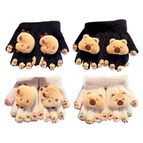 Winter Children Plush Capybara Gloves 3D Capybara Doll Gloves Soft Warm Five Finger Gloves for Cold Weather Outdoors
