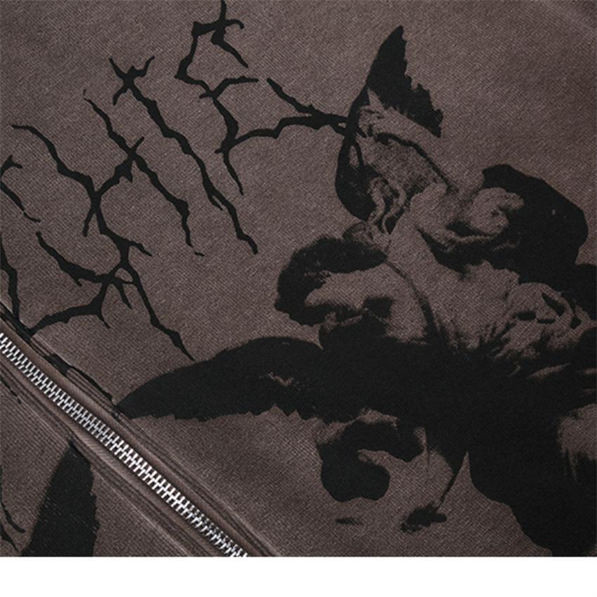 Mulheres vintage anjo impressão jaqueta com capuz zip up manga longa bolso outono inverno streetwear casaco y2k estética solta hoodies