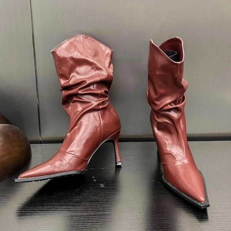 

Fashion Spring Autumn Pleated Pointed Toe Women Ankle Boot Designer Thin Heels Banquet Shoes Sexy Modern Short Botas Zapatos De Mujer 35 бордовый