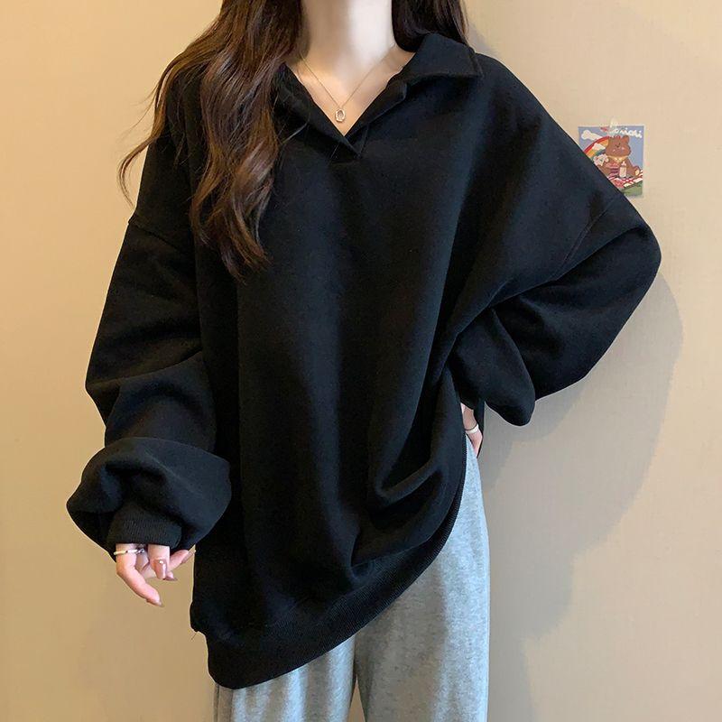 

Большой плюшевый утолщенный свитер с воротником поло для женщин, осенне-зимняя свободная узкая рубашка с длинными рукавами M чёрный