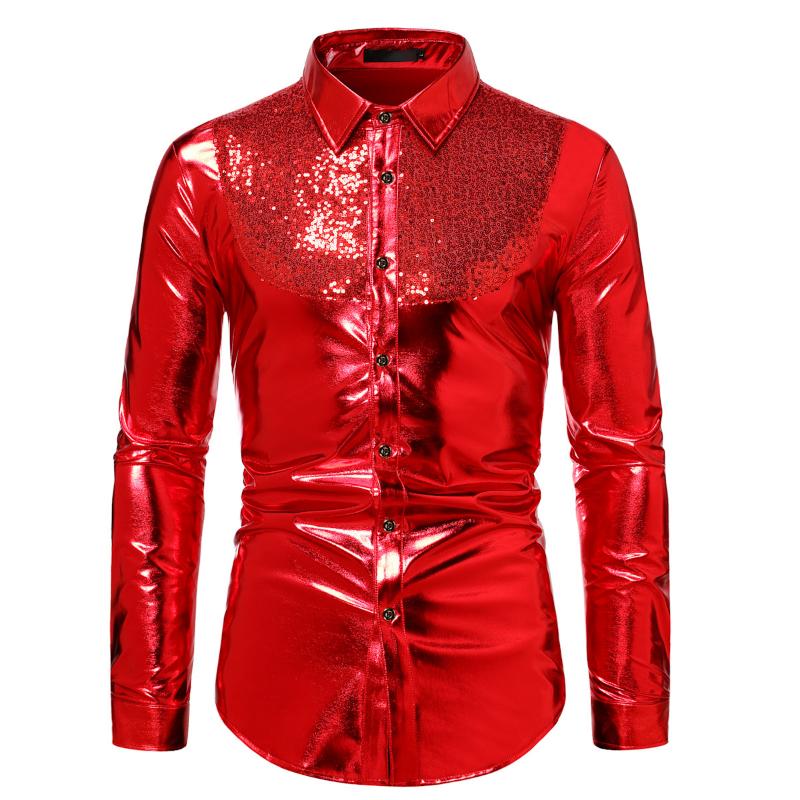 Mens Sequin Long Sleeve Shirt Party Nightclub Dance T-Shirt Shiny Button Tops