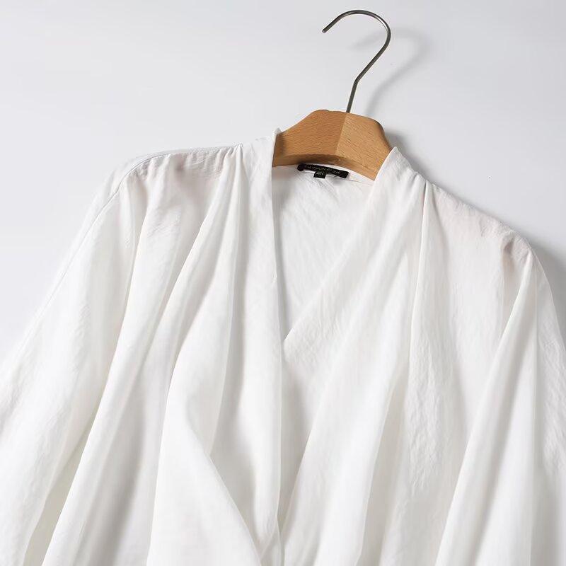 European and American style, new women's clothing, foreign style simple casual style elegant drape collar long-sleeved shirt