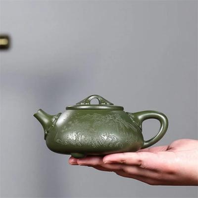Yixing Original Mine Green Clay Handmade Carved Purple Clay Teapot Landscape Ruyi Stone Ladle Purple Sand Pot Chinese Teapot
