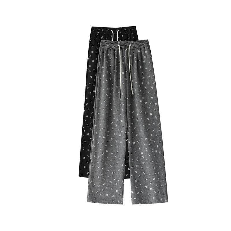 Smiley face print wide-leg pants women's spring and autumn high waist drooping feeling thin lazy wind sports straight casual pants