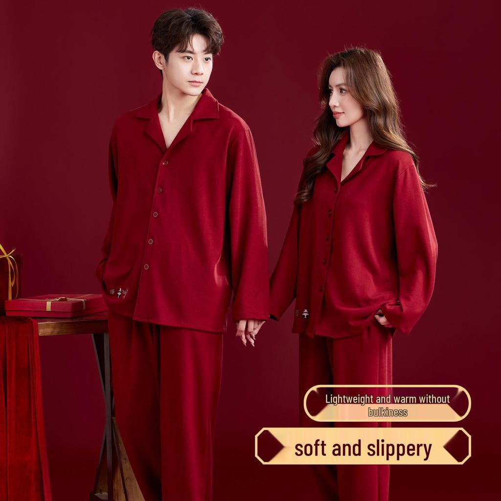 Rotes Hochzeits-Pyjama-Set für Paare - Herbst/Winter Plus Samt mit Rattenjahr-Design