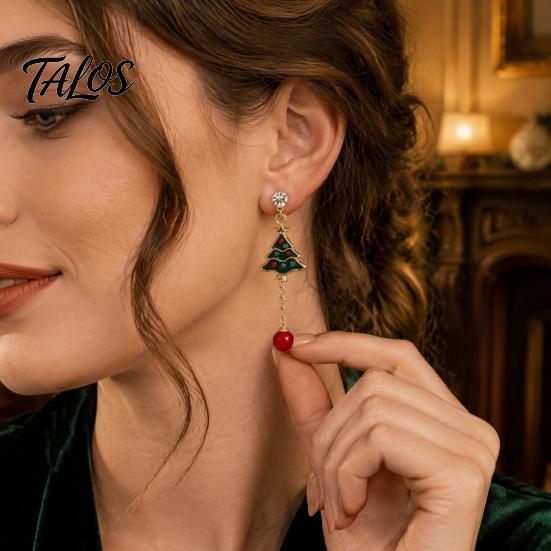 Christmas Tree Earrings for Women 1 Pair Women, Colorful Rhinestone Shaped Decorative Seasonal Jewelry with Red Bead Charm, Winter Holiday Xmas Party