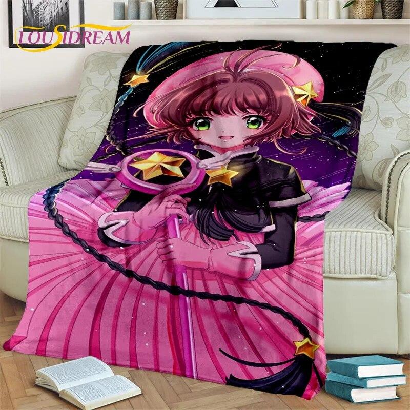 3D Cartoon Captor Anime Cute Card Sakura Blanket,Soft Throw Blanket for Home Bedroom Bed Sofa Picnic Office Cover Blanket Kids