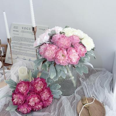 Ins Nordic Style Flocked Peony Flower High Imitation Home Living Room Decoration Fake Flower Dew Lotus Simulation Flower