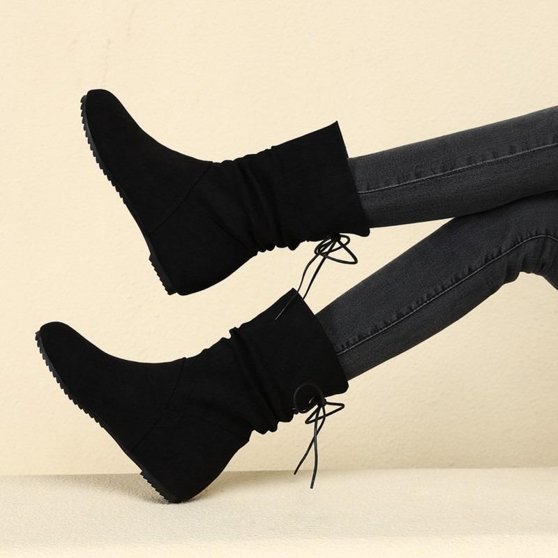 Large Size Stacking Boots Women's Autumn and Winter New Medium Boots Retro Solid Color Simple Lace-up Cotton Boots