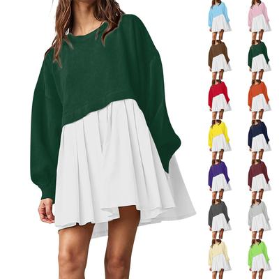 Vestido de moletom grande feminino com decote em v manga comprida patchwork pulôver tops vestido de moletom