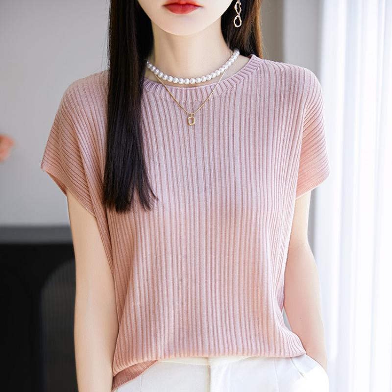 

A New Summer Round-neck Knitted Short-sleeved T-shirt for Women, A Thin, Fashionable and Slimming Top XL озеро синього кольору