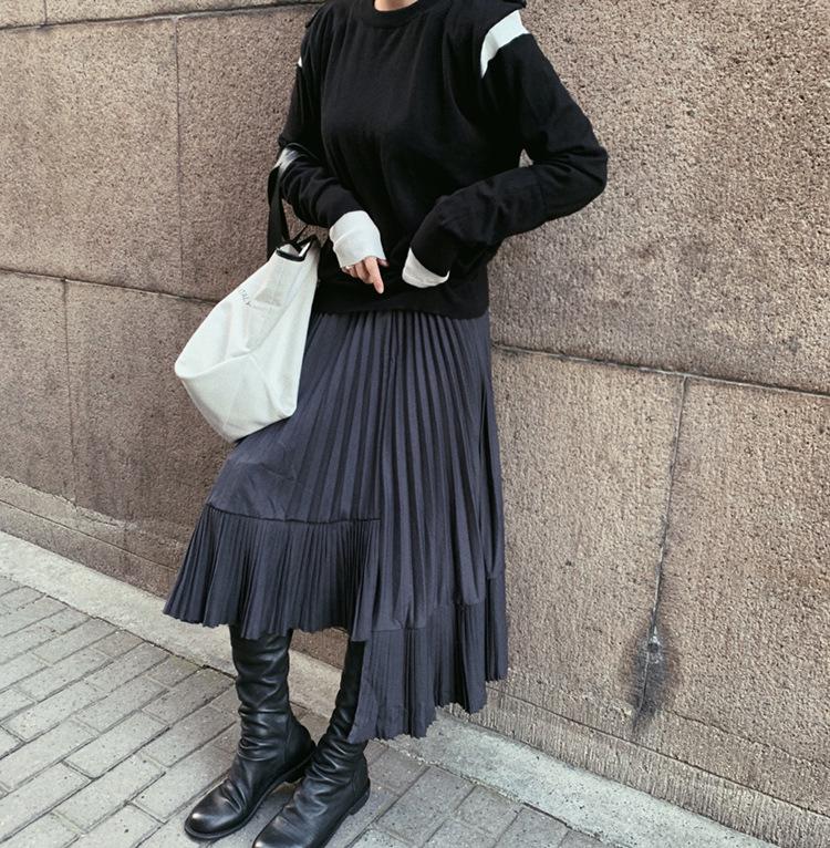 Autumn/Winter 2025 Women's High-Waisted Black Fishtail Pleated Mid-Length Skirt with Irregular Hem