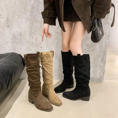 Bottes de Chevalier Plissées Western Rétro Skinny pour Femmes Nouvelles Automne et Hiver Talon Haut Talon Épais Bottes Genou