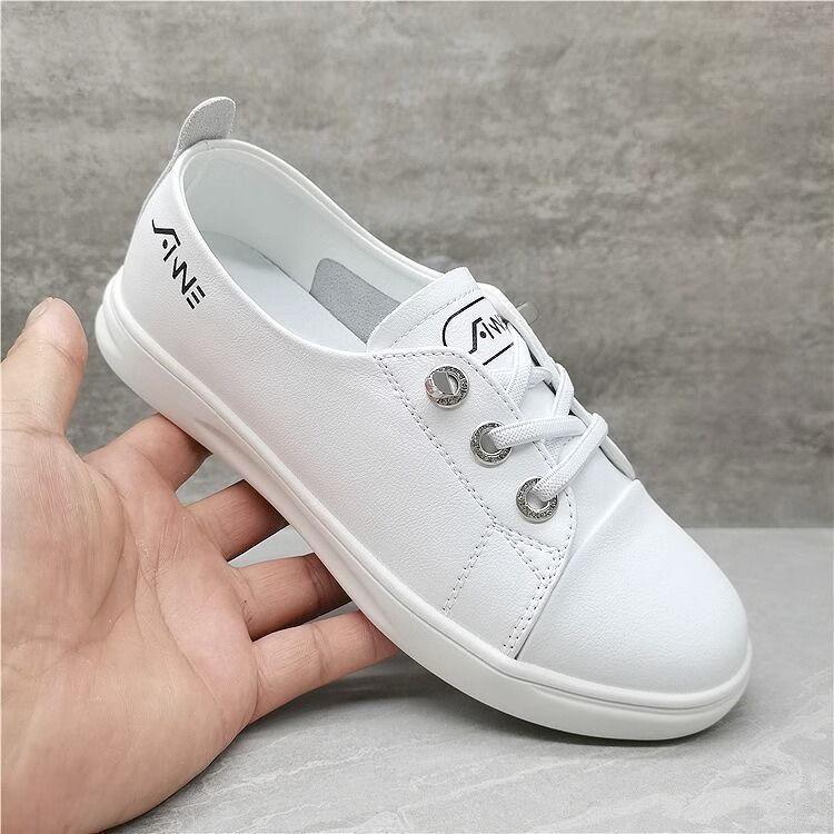 Women's Genuine Leather Slip-On White Sneakers: Low-Cut, Versatile, Trendy Summer Style.
