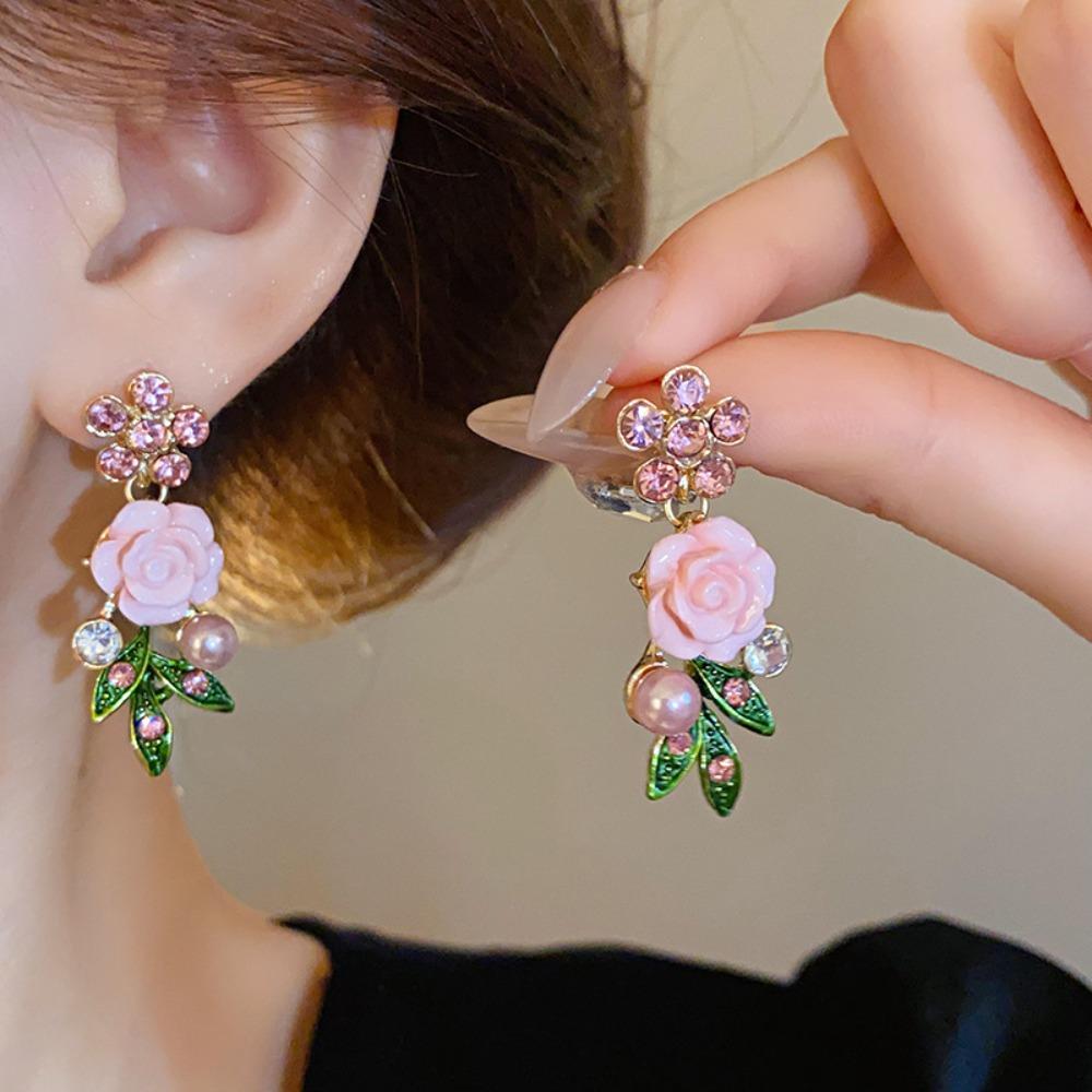 Pearl Flower Bracelet Rhinestone Stud Earrings Luxurious Rose Flower Necklace Party