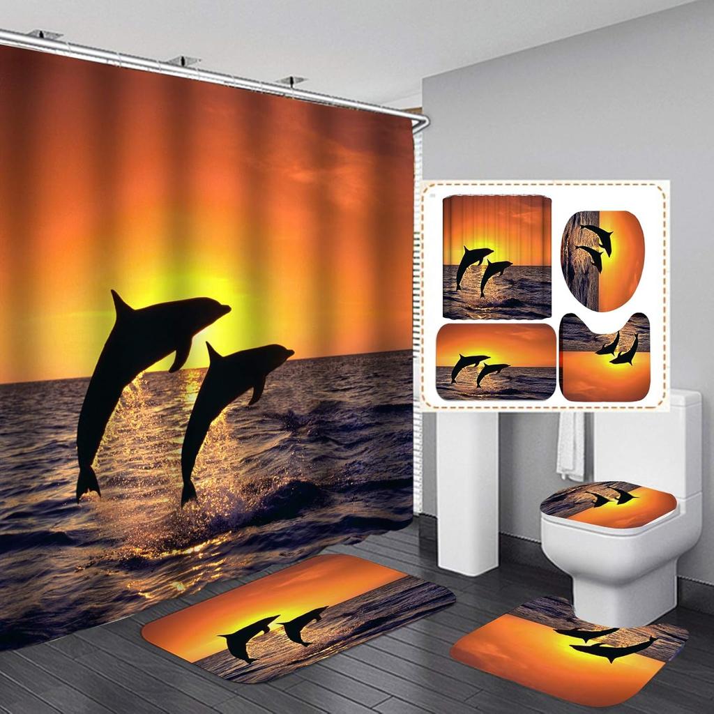 Dolphin Bathroom Decor Waterproof Shower Curtain Set Toilet Seat Cover Non-Slip Bath Mat Rug Carpet Polyester Fabric Washable