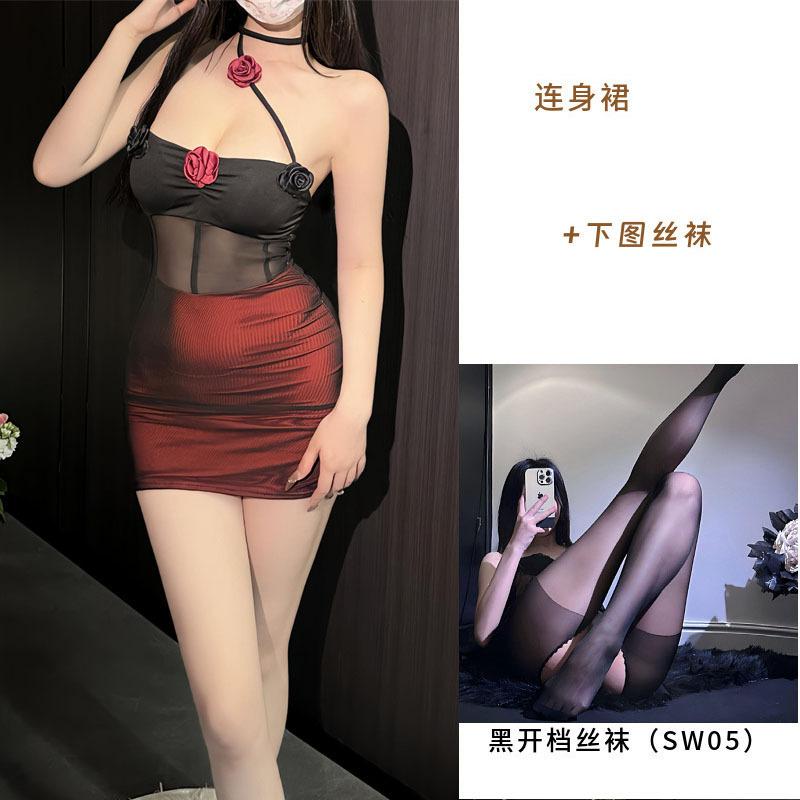 Dark Wind Spice Girl Perspective Mesh Three-dimensional Flower Neck Sex Underwear Sexy Backless Slim Dress