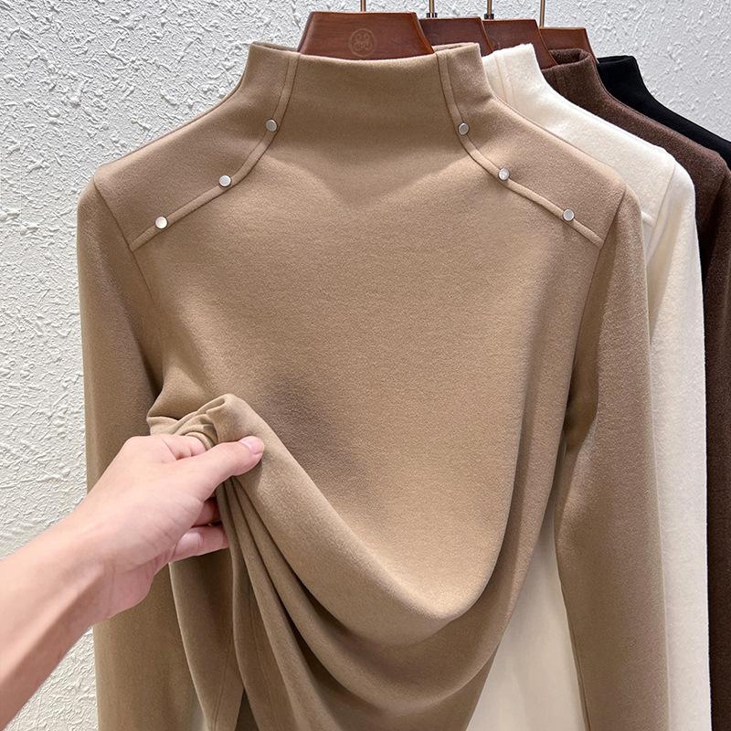 Middle Collar Double-sided German Velvet Bottoming Shirt Women's Integrated Velvet Piled Thickened Thermal Top, New In Spring, Autumn and Winter