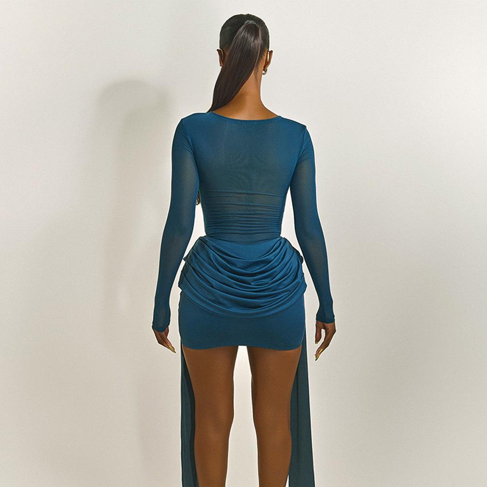 New Style European & American Mesh Spliced Ribbon Slim Fit Long Sleeve Dress - Solid Color, Sexy & Hip-Hugging