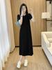 Hepburn Style Black Summer Short Sleeve T-Shirt Dress with Long Skirt for Women