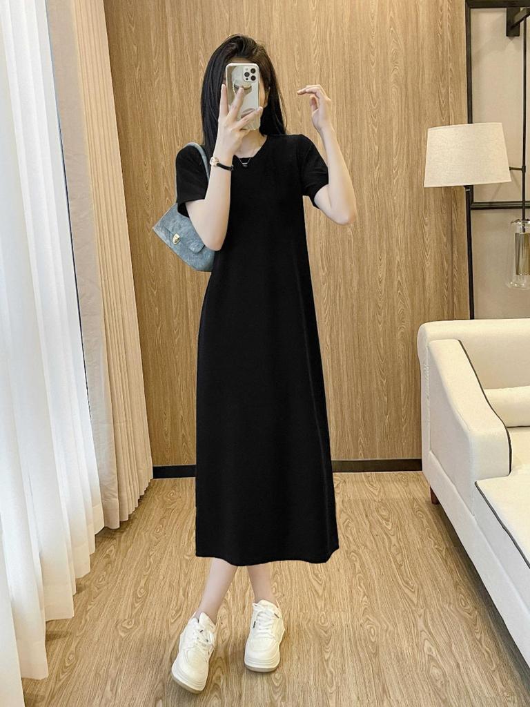 Hepburn Style Black Summer Short Sleeve T-Shirt Dress with Long Skirt for Women