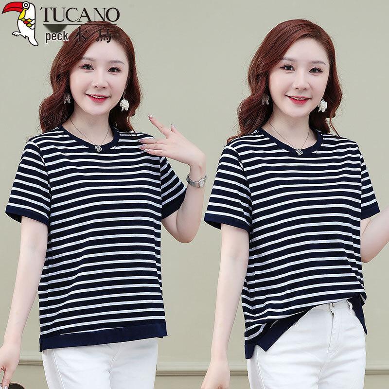 Woodpecker Women s Striped Cotton Blend Short Sleeve T-Shirt 4XL