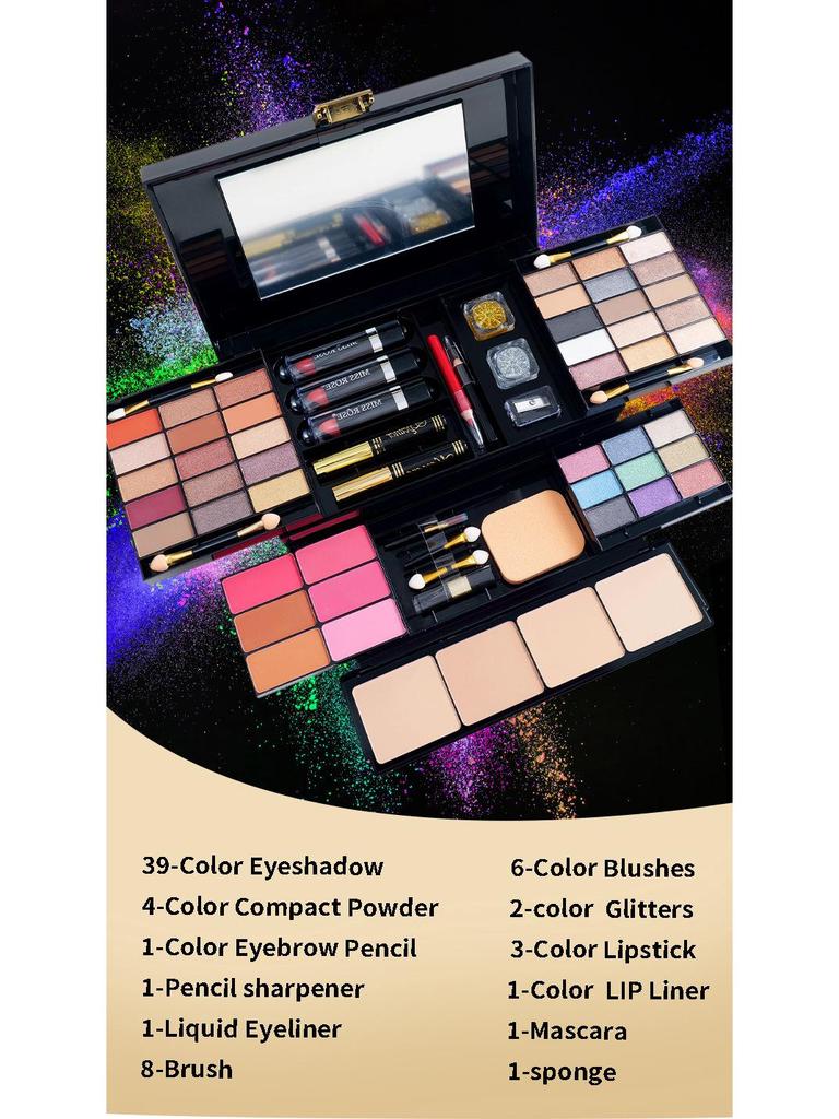 MISSROSE Makeup Palette Set: Eyeshadow, Lip Gloss, Lipstick, Blush, Concealer, Highlight, and Powder.